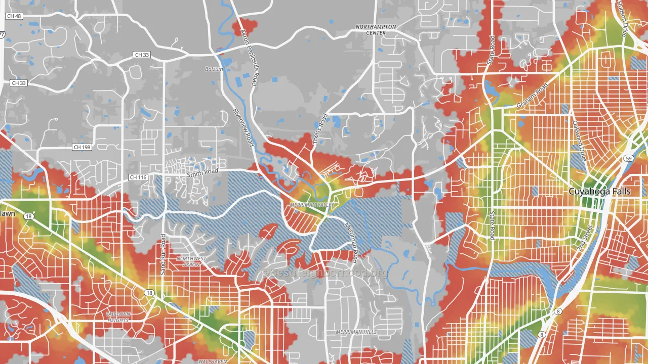 Walk Grade map of Merriman Valley, Akron, OH, walkable areas in green and car-dependent areas in red