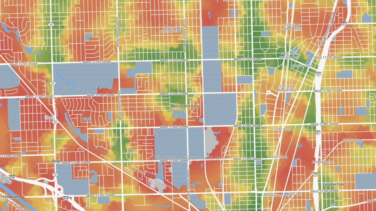 Walk Grade map of Merrionette Park, IL, walkable areas in green and car-dependent areas in red