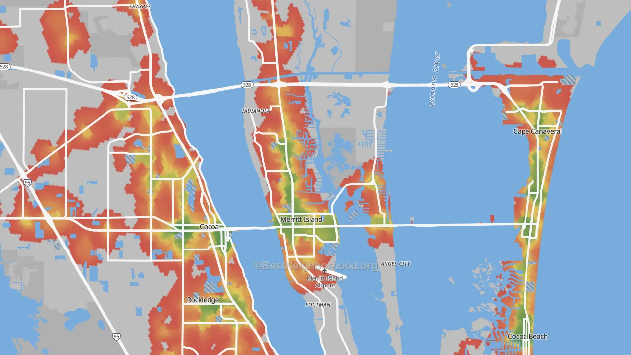 Walk Grade map of Merritt Island, FL, walkable areas in green and car-dependent areas in red