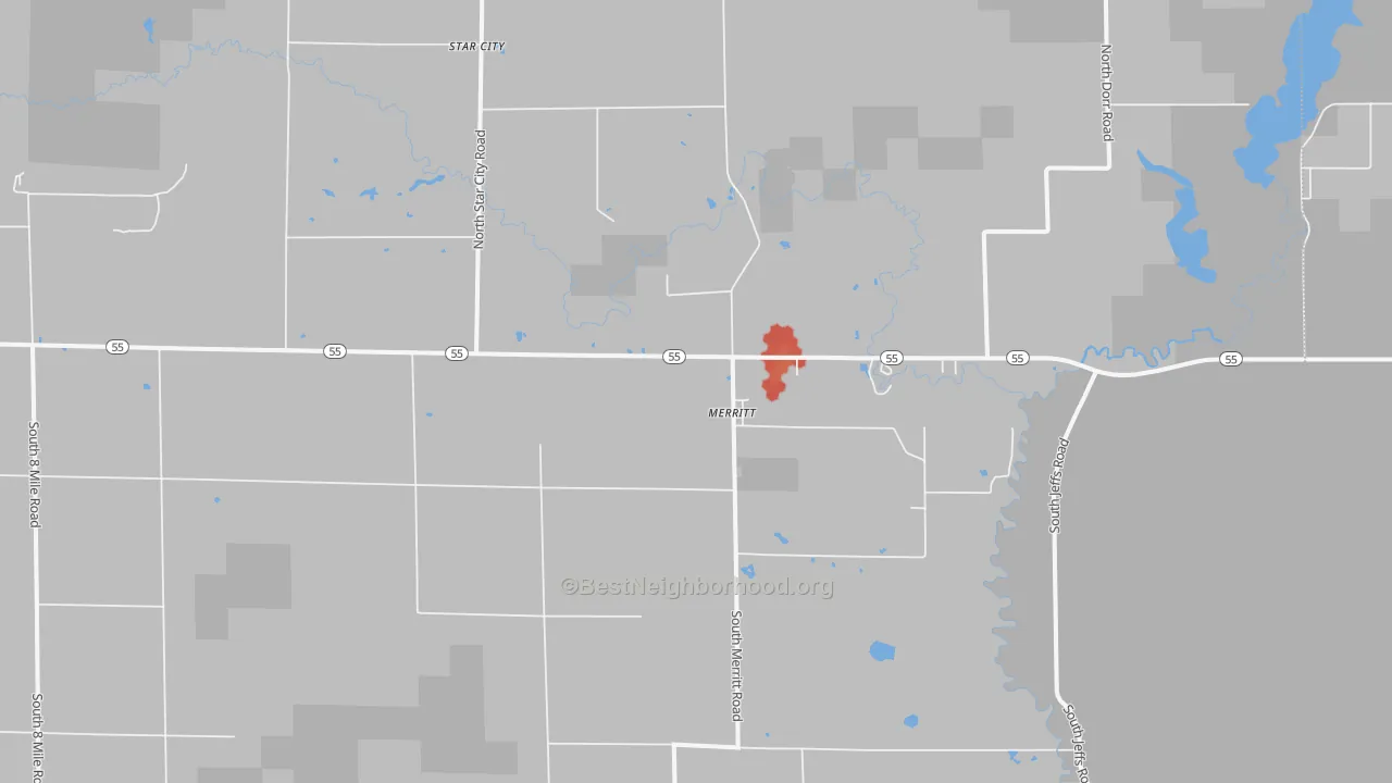 Walk Grade map of Merritt, MI, walkable areas in green and car-dependent areas in red