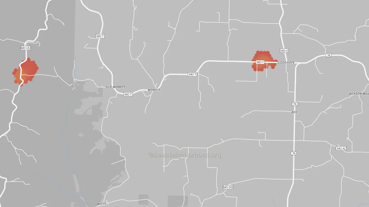 Walk Grade map of Merritt, MO, walkable areas in green and car-dependent areas in red