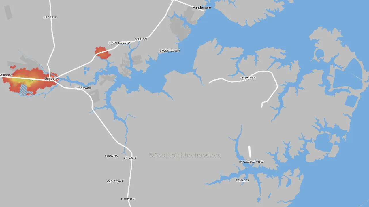 Walk Grade map of Merritt, NC, walkable areas in green and car-dependent areas in red