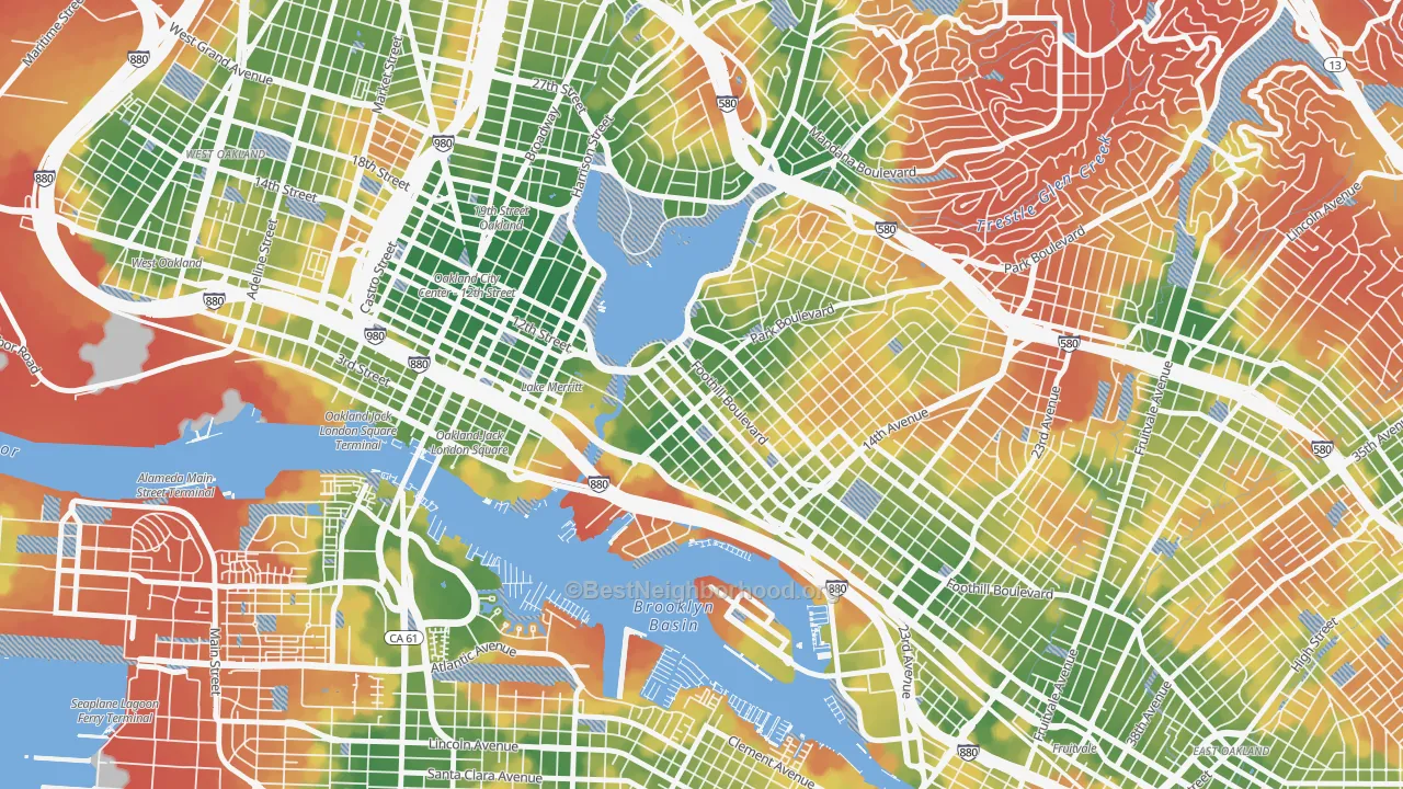 Walk Grade map of Merritt, Oakland, CA, walkable areas in green and car-dependent areas in red