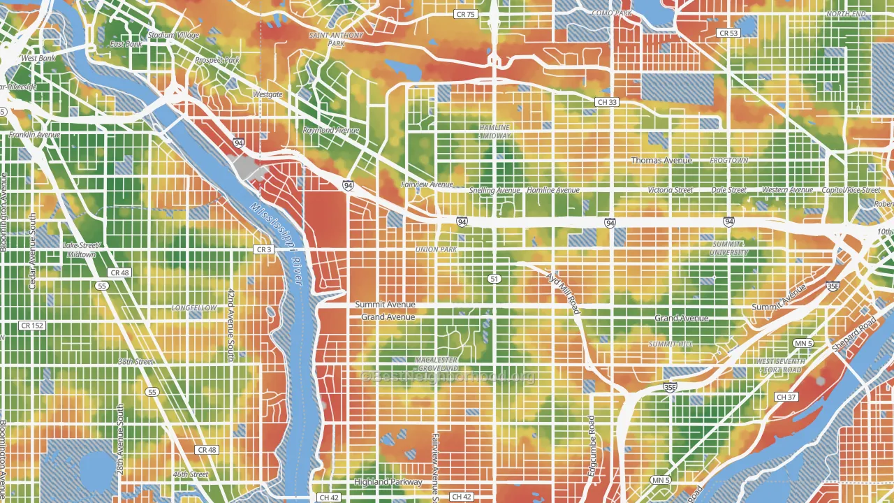 Walk Grade map of Merrlam Park, St. Paul, MN, walkable areas in green and car-dependent areas in red