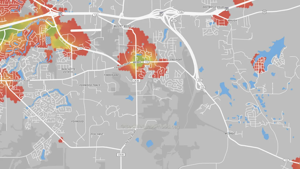 Walk Grade map of Merry, AL, walkable areas in green and car-dependent areas in red