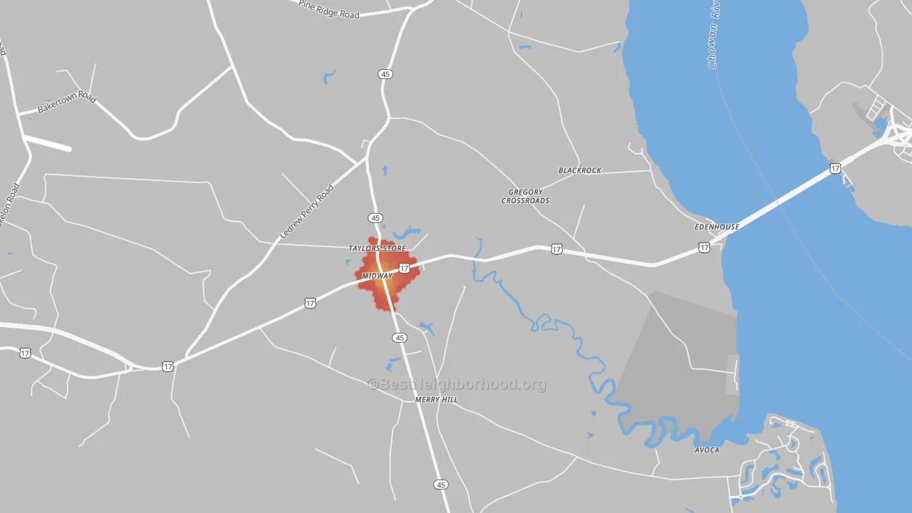 Walk Grade map of Merry Hill, NC, walkable areas in green and car-dependent areas in red