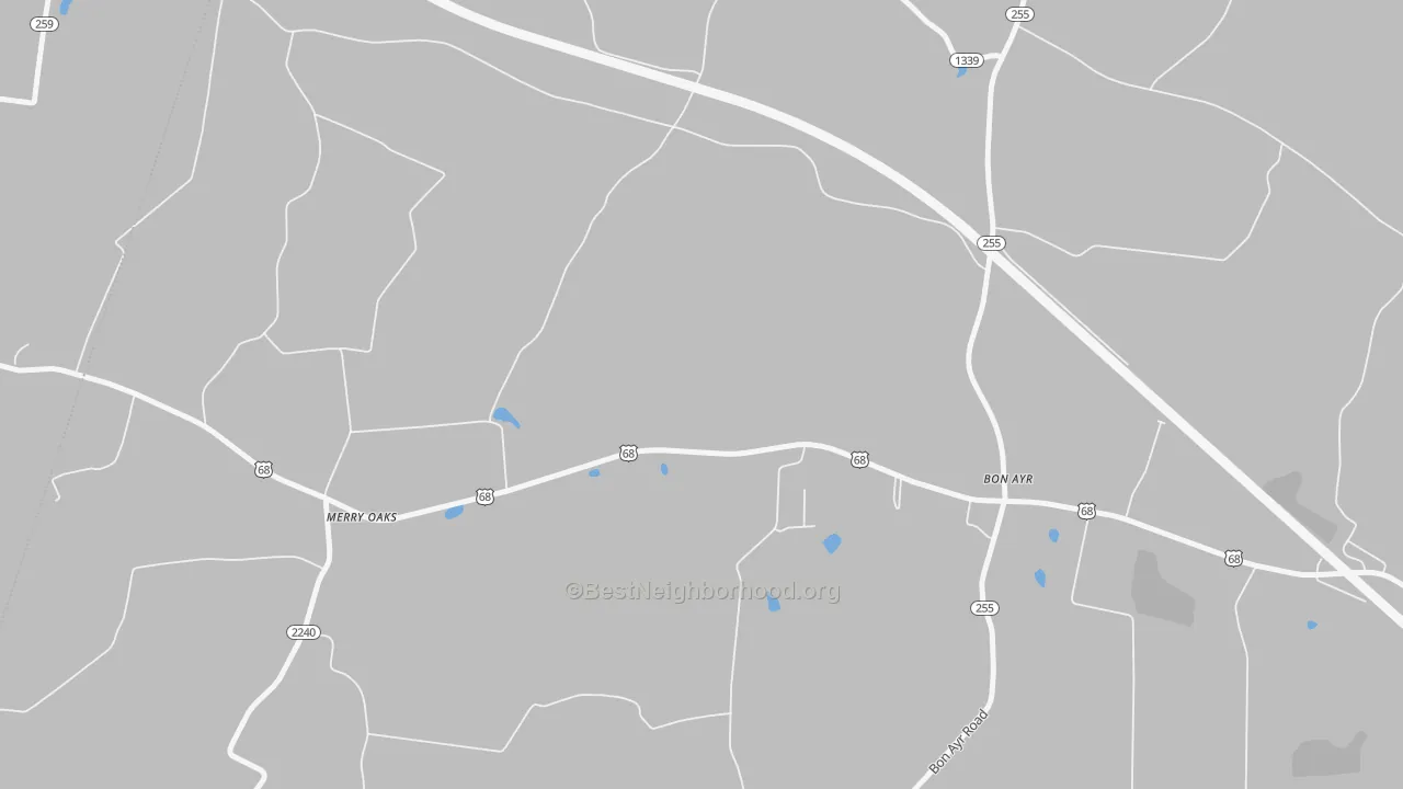 Walk Grade map of Merry Oaks, KY, walkable areas in green and car-dependent areas in red