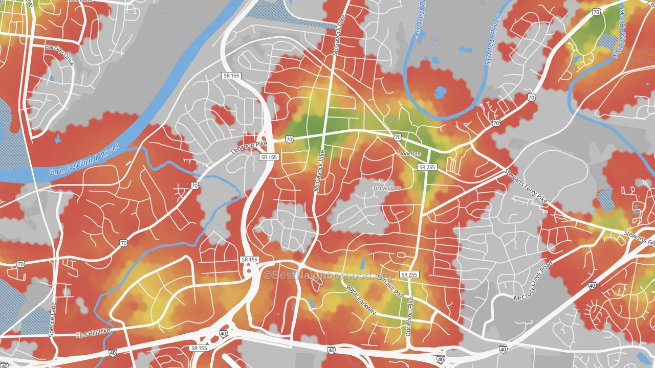 Walk Grade map of Merry Oaks, Nashville, TN, walkable areas in green and car-dependent areas in red