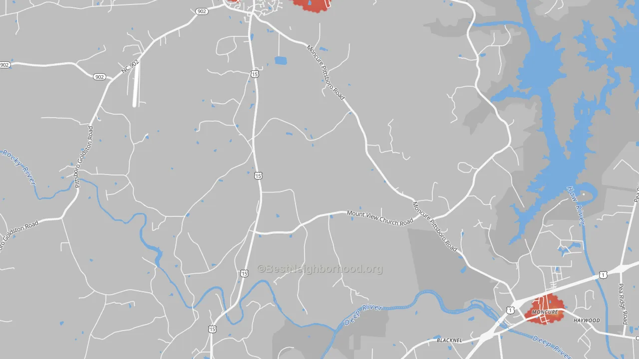Walk Grade map of Merry Oaks, NC, walkable areas in green and car-dependent areas in red