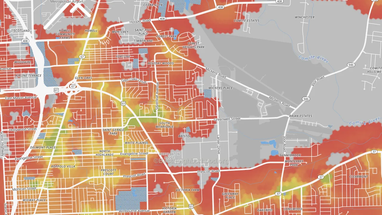 Walk Grade map of Merrydale, LA, walkable areas in green and car-dependent areas in red