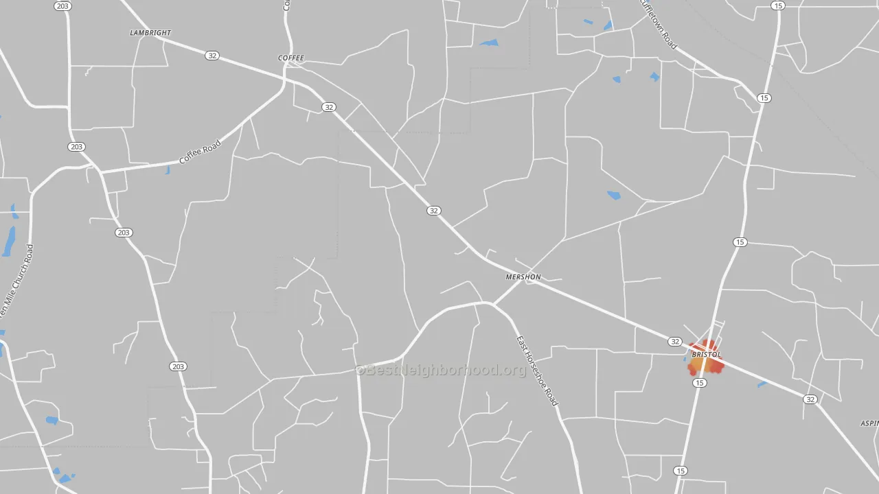 Walk Grade map of Mershon, GA, walkable areas in green and car-dependent areas in red