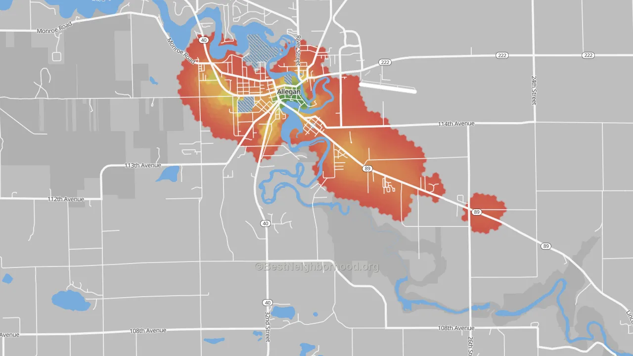 Walk Grade map of Merson, MI, walkable areas in green and car-dependent areas in red