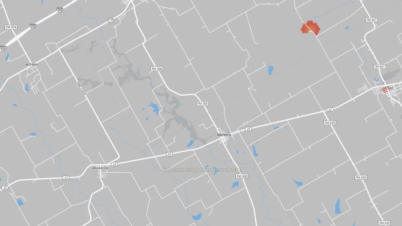 Walk Grade map of Mertens, TX, walkable areas in green and car-dependent areas in red