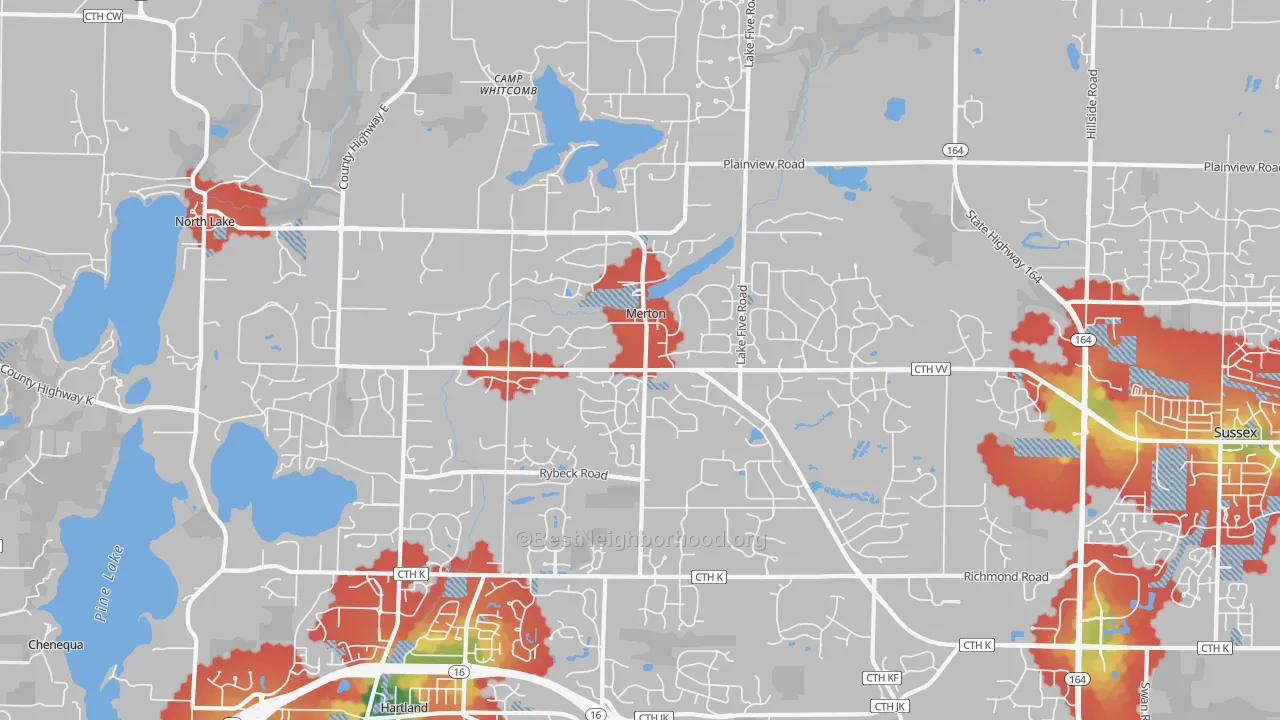 Walk Grade map of Merton, WI, walkable areas in green and car-dependent areas in red