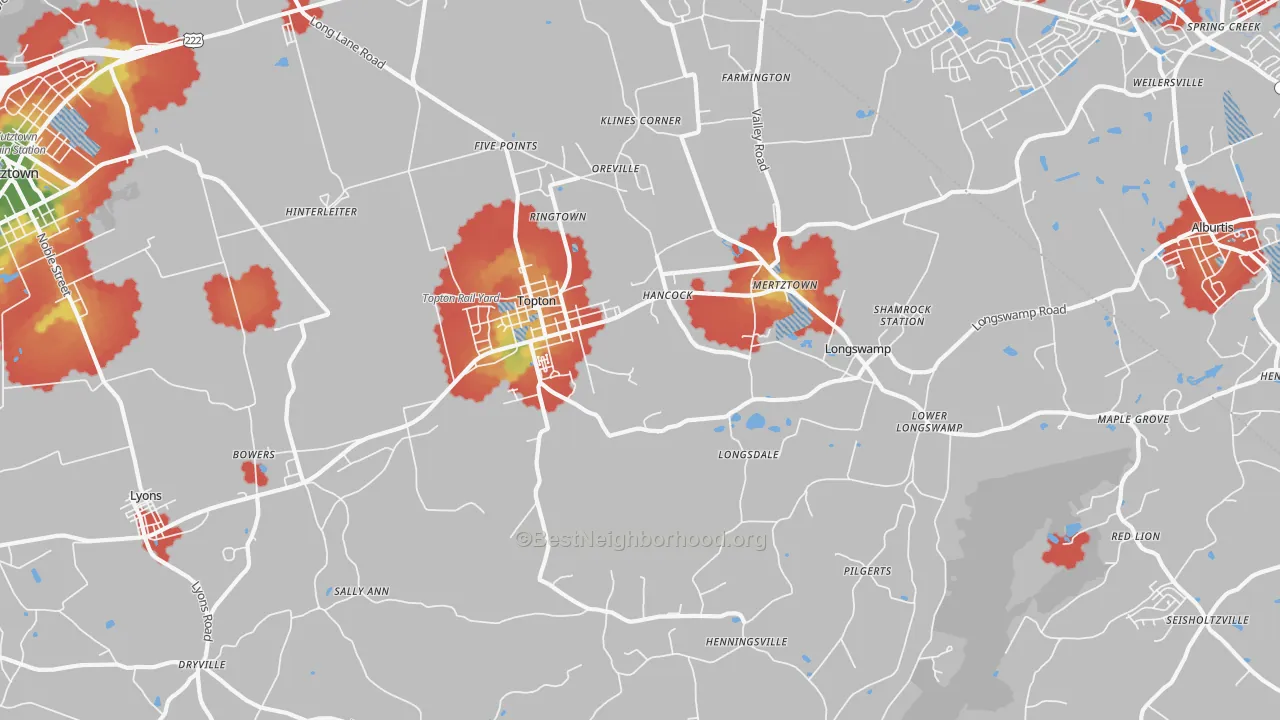 Walk Grade map of Mertztown, PA, walkable areas in green and car-dependent areas in red