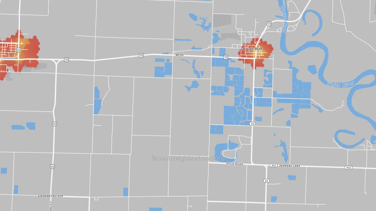 Walk Grade map of Mesa, AR, walkable areas in green and car-dependent areas in red