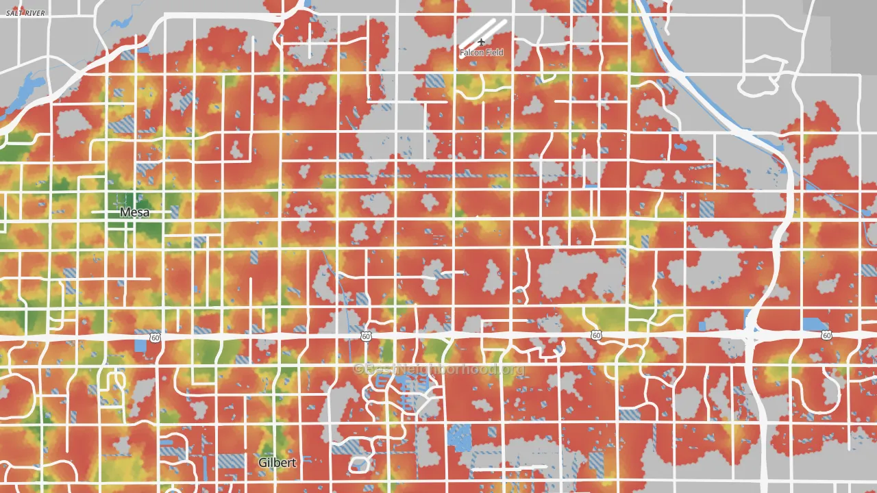 Walk Grade map of Mesa, AZ, walkable areas in green and car-dependent areas in red