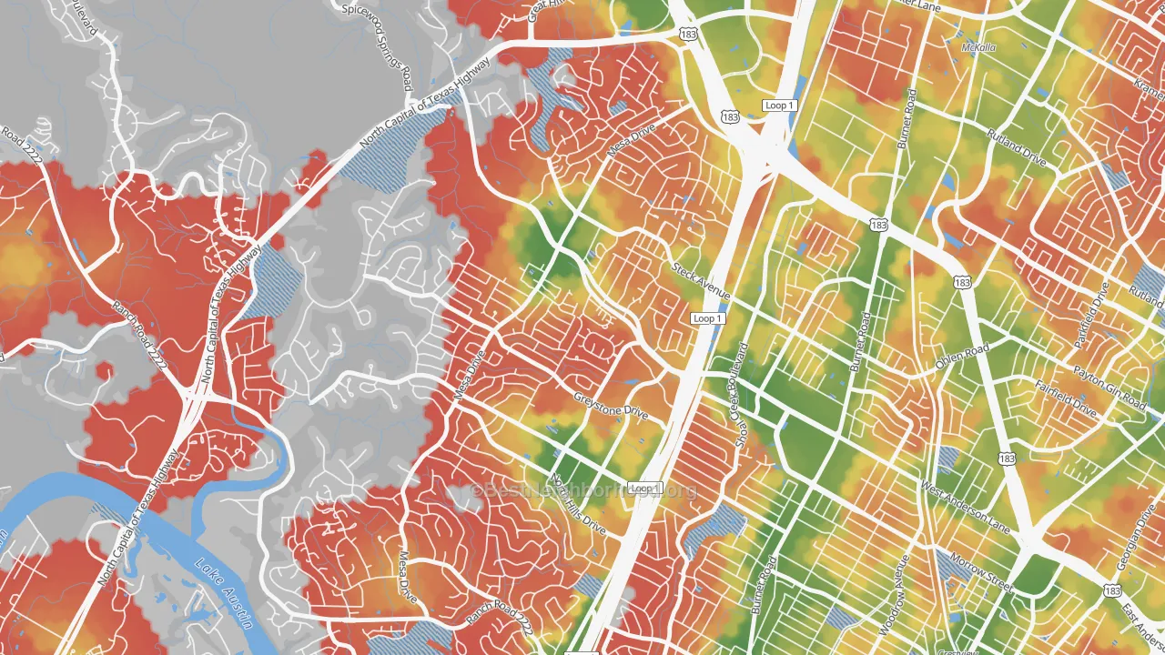 Walk Grade map of Mesa Forest, Austin, TX, walkable areas in green and car-dependent areas in red