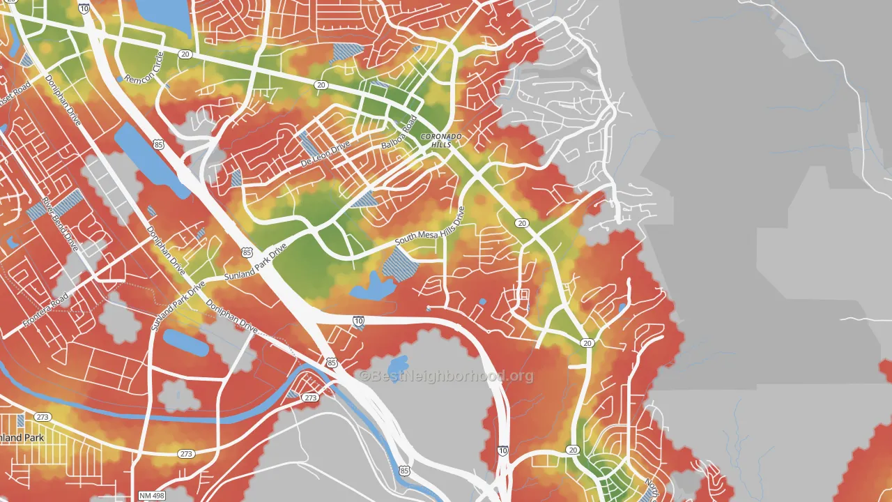 Walk Grade map of Mesa Hills, El Paso, TX, walkable areas in green and car-dependent areas in red