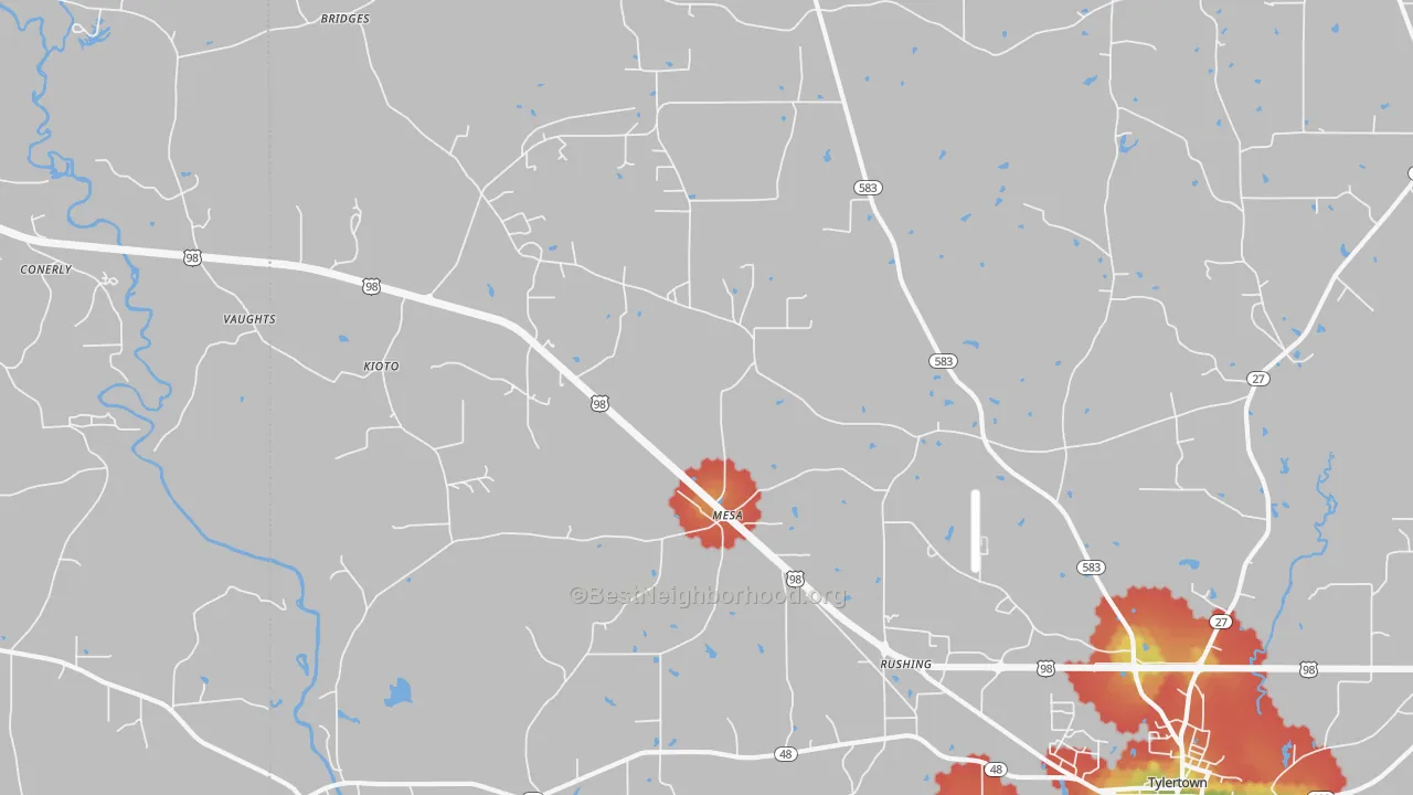 Walk Grade map of Mesa, MS, walkable areas in green and car-dependent areas in red