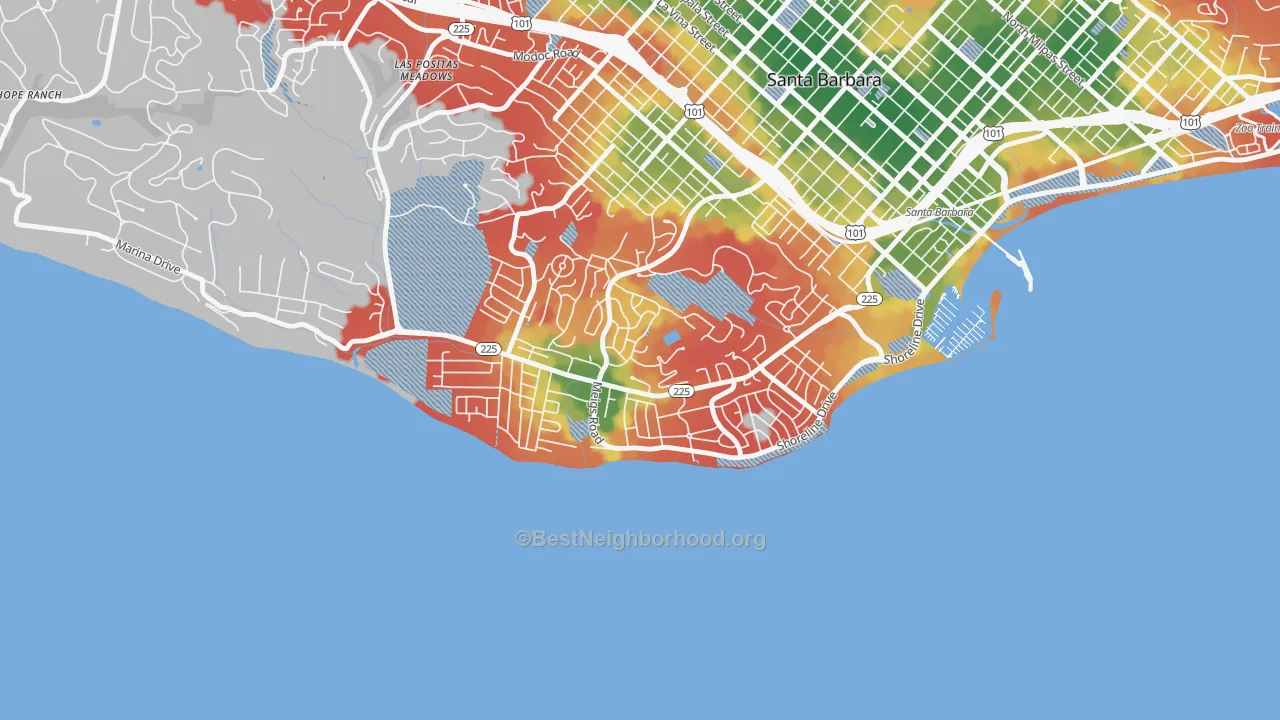 Walk Grade map of Mesa, Santa Barbara, CA, walkable areas in green and car-dependent areas in red