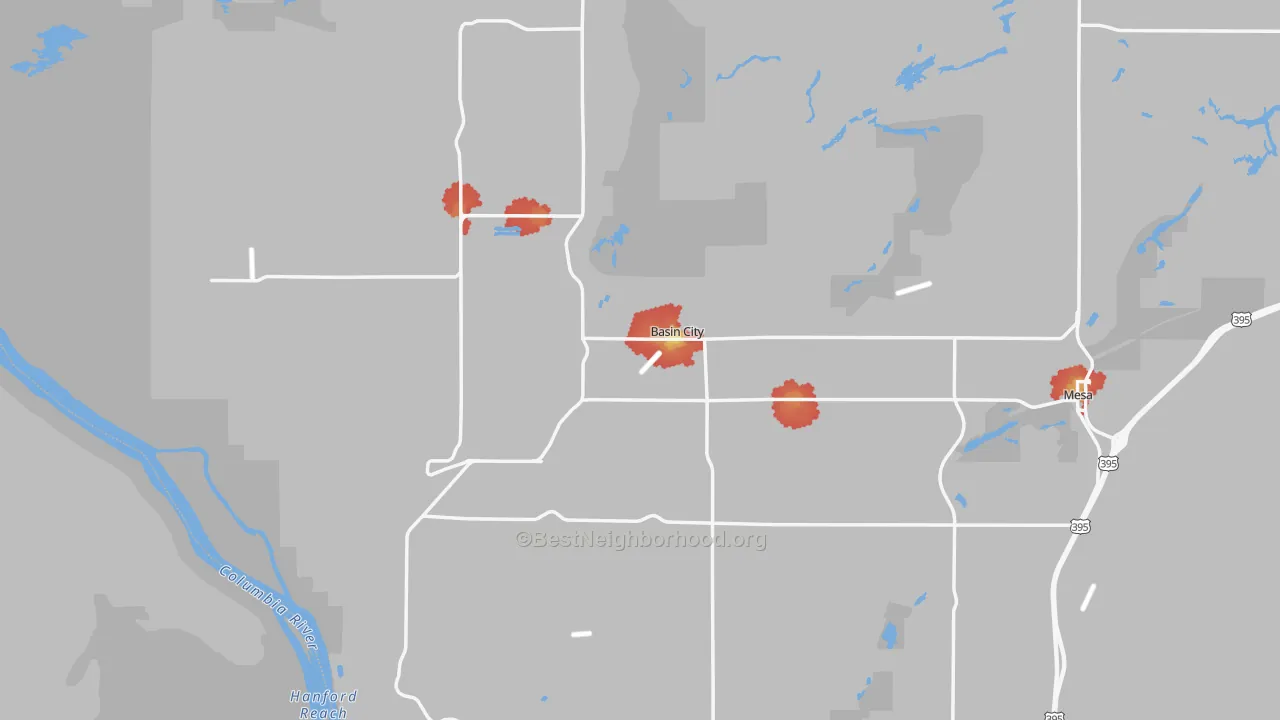 Walk Grade map of Mesa, WA, walkable areas in green and car-dependent areas in red