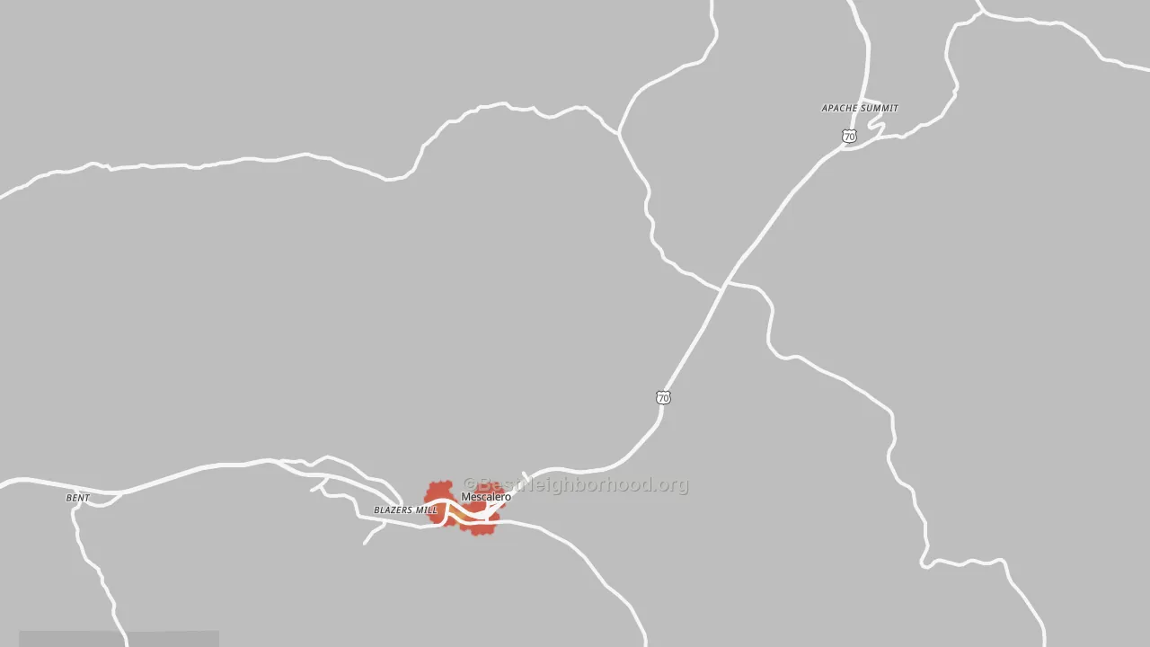 Walk Grade map of Mescalero, NM, walkable areas in green and car-dependent areas in red