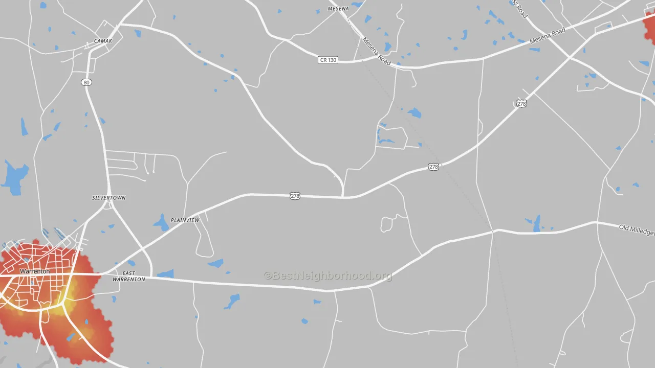 Walk Grade map of Mesena, GA, walkable areas in green and car-dependent areas in red