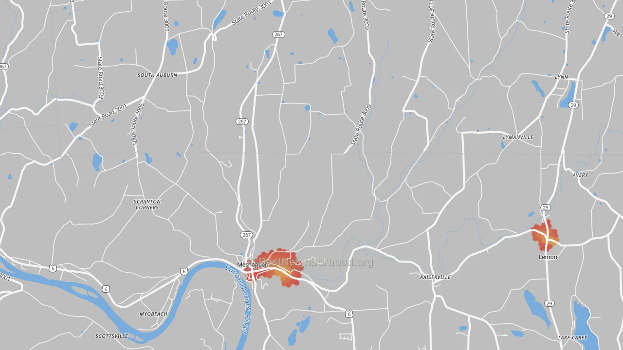 Walk Grade map of Meshoppen, PA, walkable areas in green and car-dependent areas in red