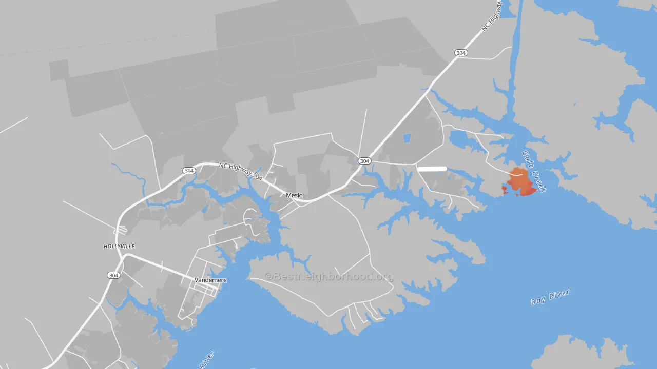 Walk Grade map of Mesic, NC, walkable areas in green and car-dependent areas in red