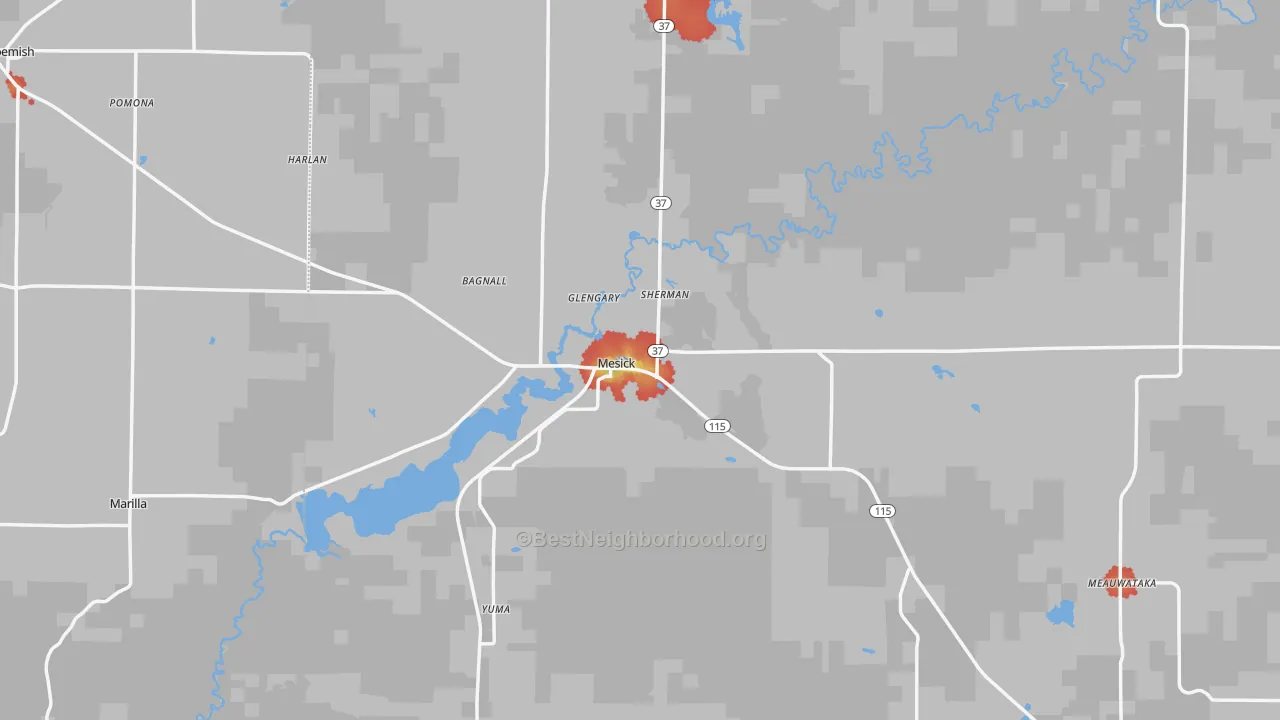 Walk Grade map of Mesick, MI, walkable areas in green and car-dependent areas in red