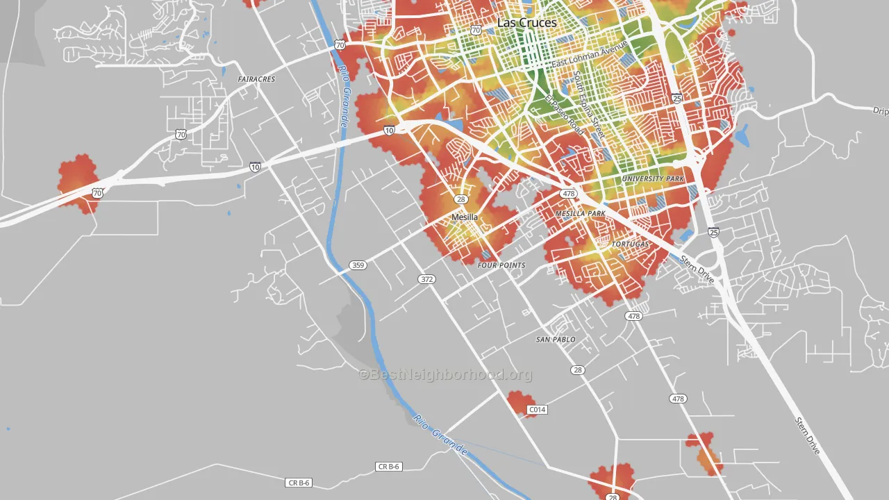 Walk Grade map of Mesilla, NM, walkable areas in green and car-dependent areas in red