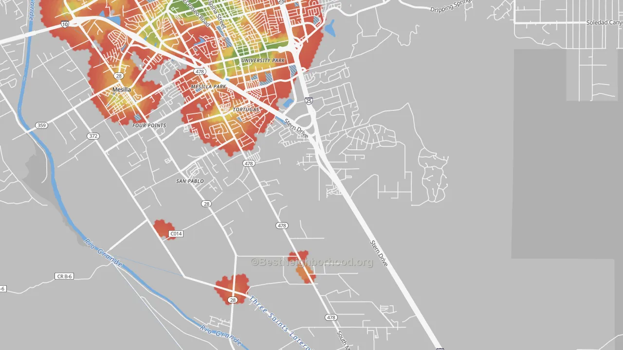 Walk Grade map of Mesilla Park, NM, walkable areas in green and car-dependent areas in red