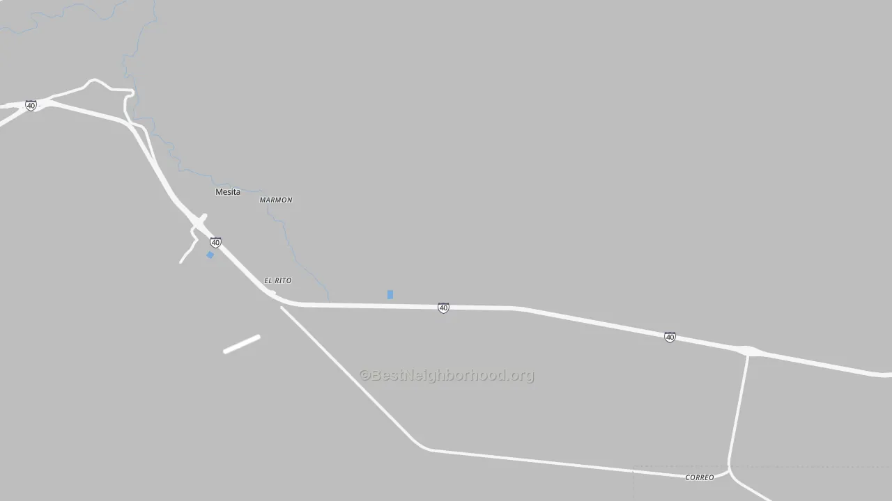 Walk Grade map of Mesita, NM, walkable areas in green and car-dependent areas in red