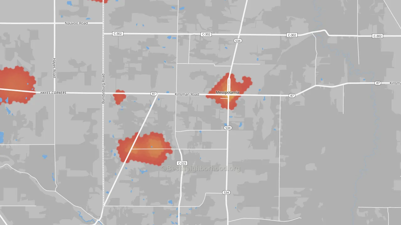 Walk Grade map of Mesopotamia, OH, walkable areas in green and car-dependent areas in red