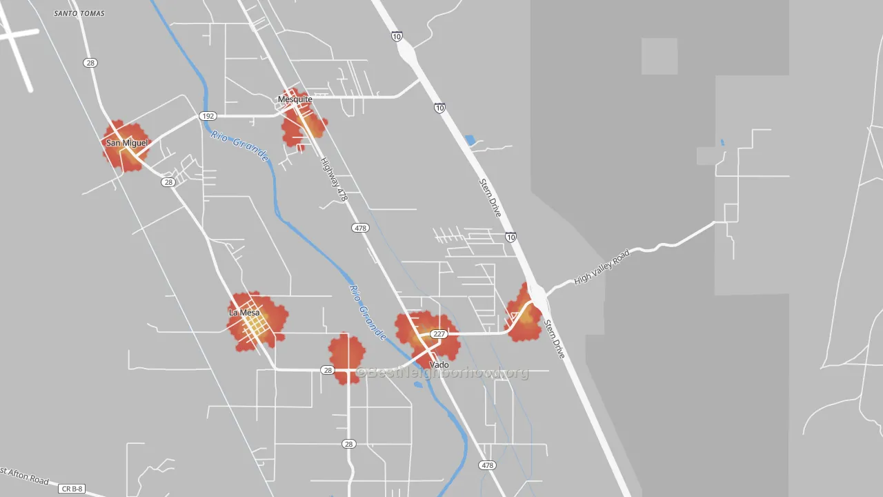 Walk Grade map of Mesquite, NM, walkable areas in green and car-dependent areas in red