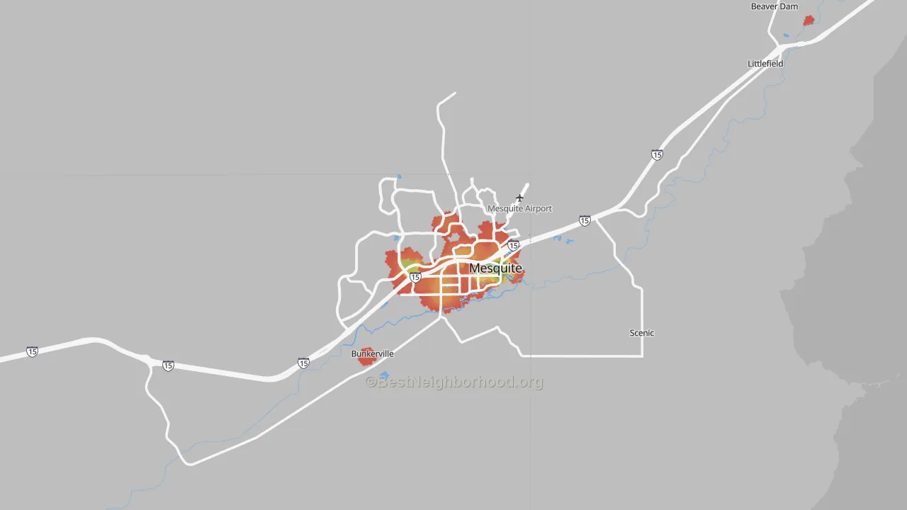 Walk Grade map of Mesquite, NV, walkable areas in green and car-dependent areas in red