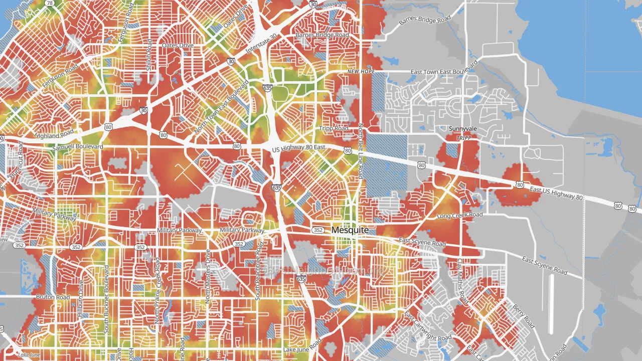 Walk Grade map of Mesquite, TX, walkable areas in green and car-dependent areas in red