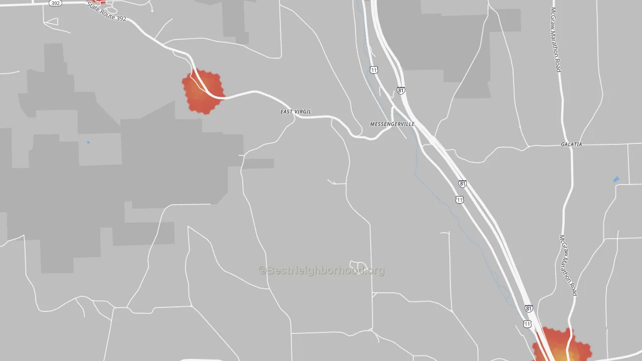 Walk Grade map of Messengerville, NY, walkable areas in green and car-dependent areas in red