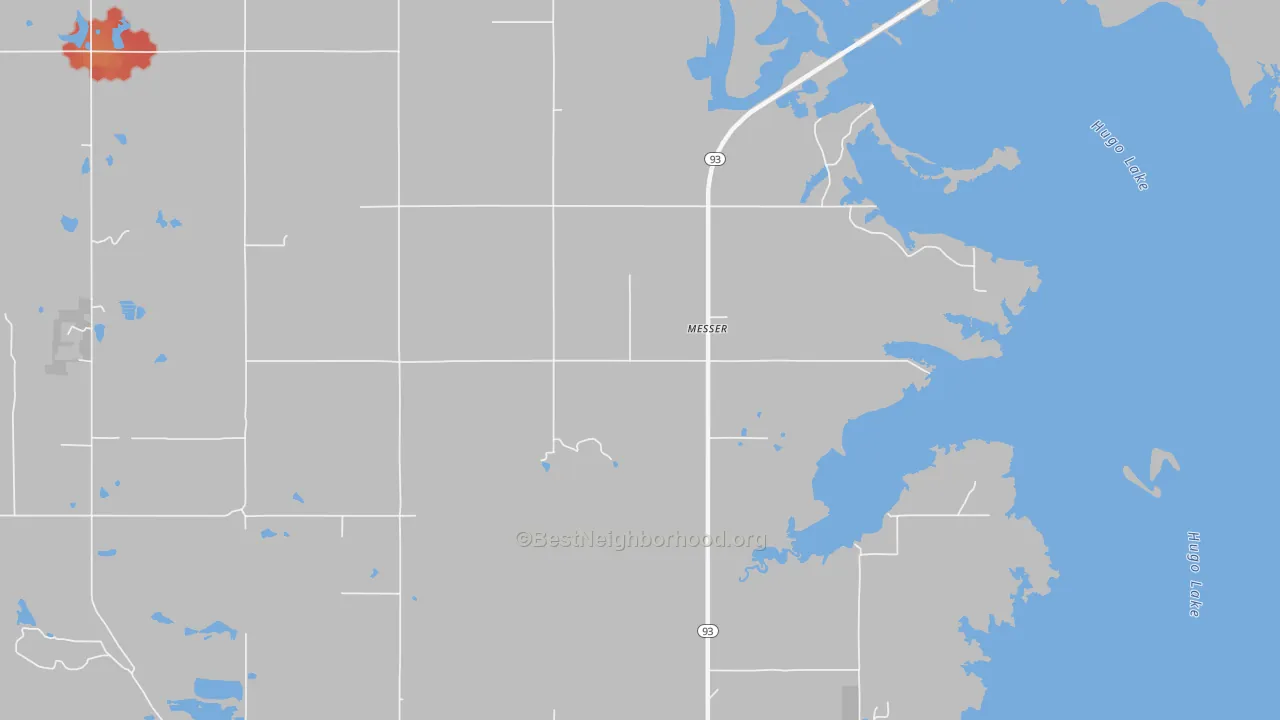 Walk Grade map of Messer, OK, walkable areas in green and car-dependent areas in red