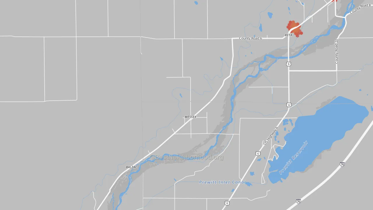 Walk Grade map of Messex, CO, walkable areas in green and car-dependent areas in red