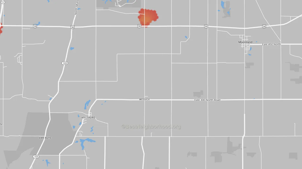 Walk Grade map of Messick, IN, walkable areas in green and car-dependent areas in red