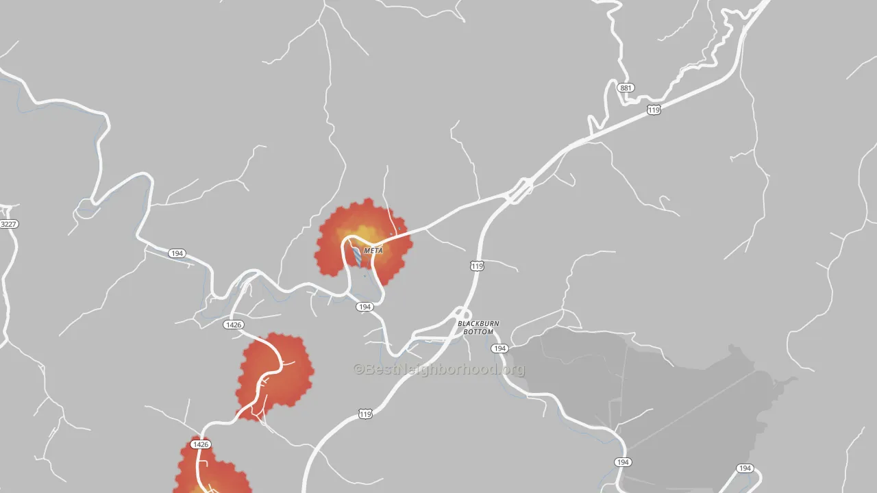Walk Grade map of Meta, KY, walkable areas in green and car-dependent areas in red