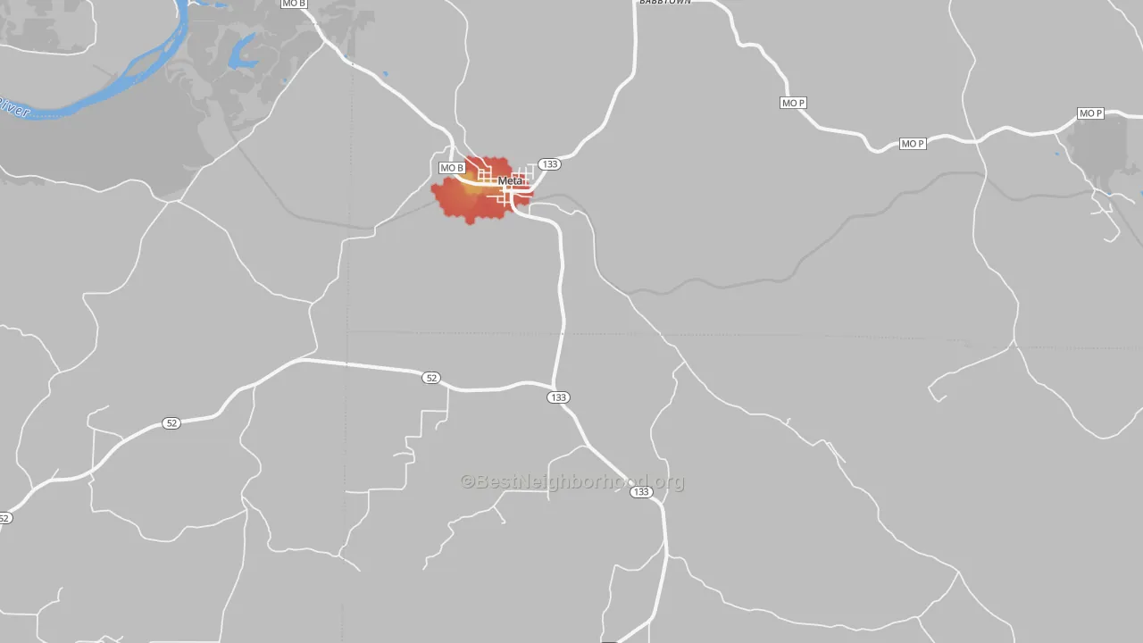 Walk Grade map of Meta, MO, walkable areas in green and car-dependent areas in red