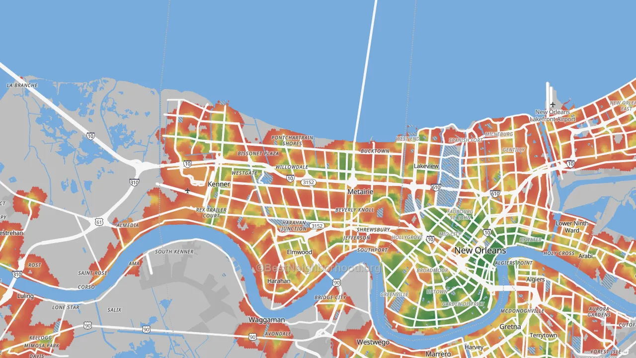Walk Grade map of Metairie, LA, walkable areas in green and car-dependent areas in red