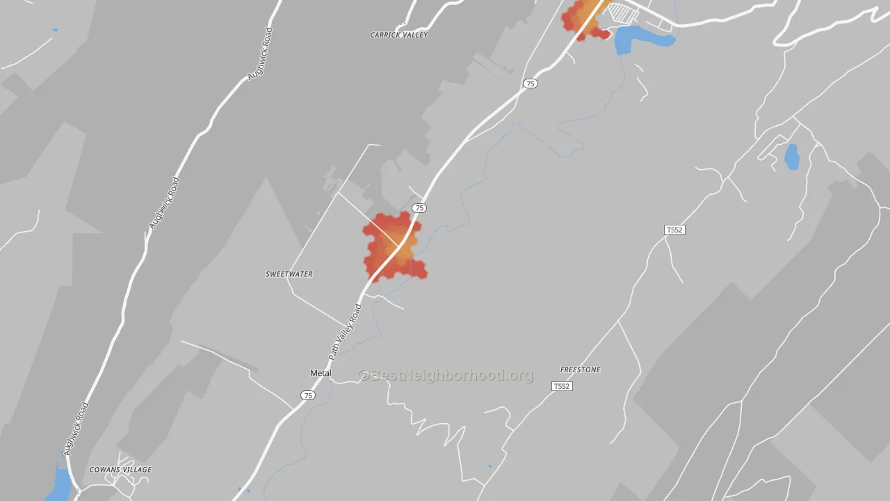 Walk Grade map of Metal, PA, walkable areas in green and car-dependent areas in red
