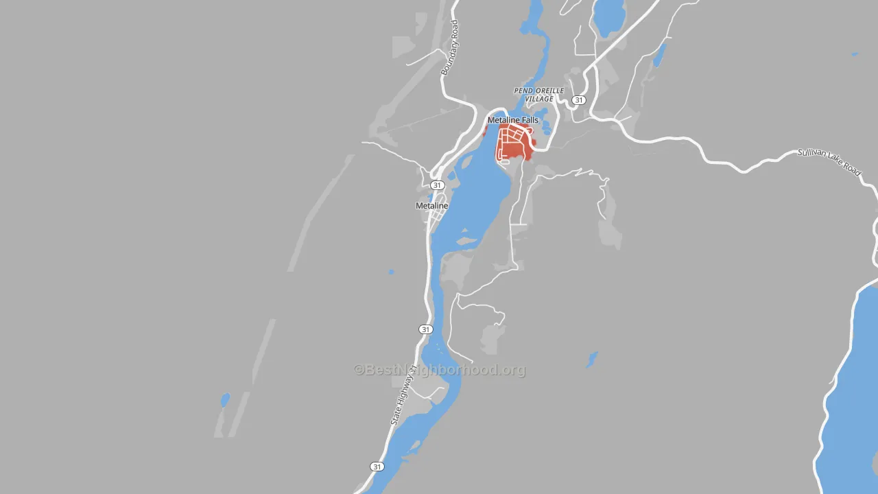 Walk Grade map of Metaline, WA, walkable areas in green and car-dependent areas in red