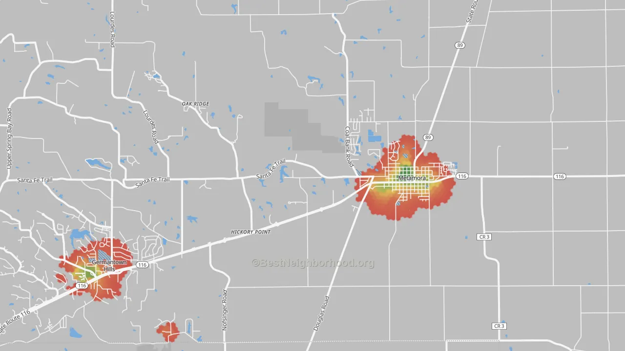 Walk Grade map of Metamora, IL, walkable areas in green and car-dependent areas in red