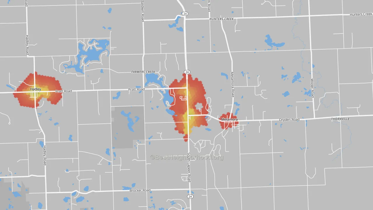 Walk Grade map of Metamora, MI, walkable areas in green and car-dependent areas in red