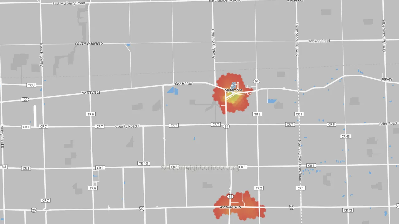 Walk Grade map of Metamora, OH, walkable areas in green and car-dependent areas in red